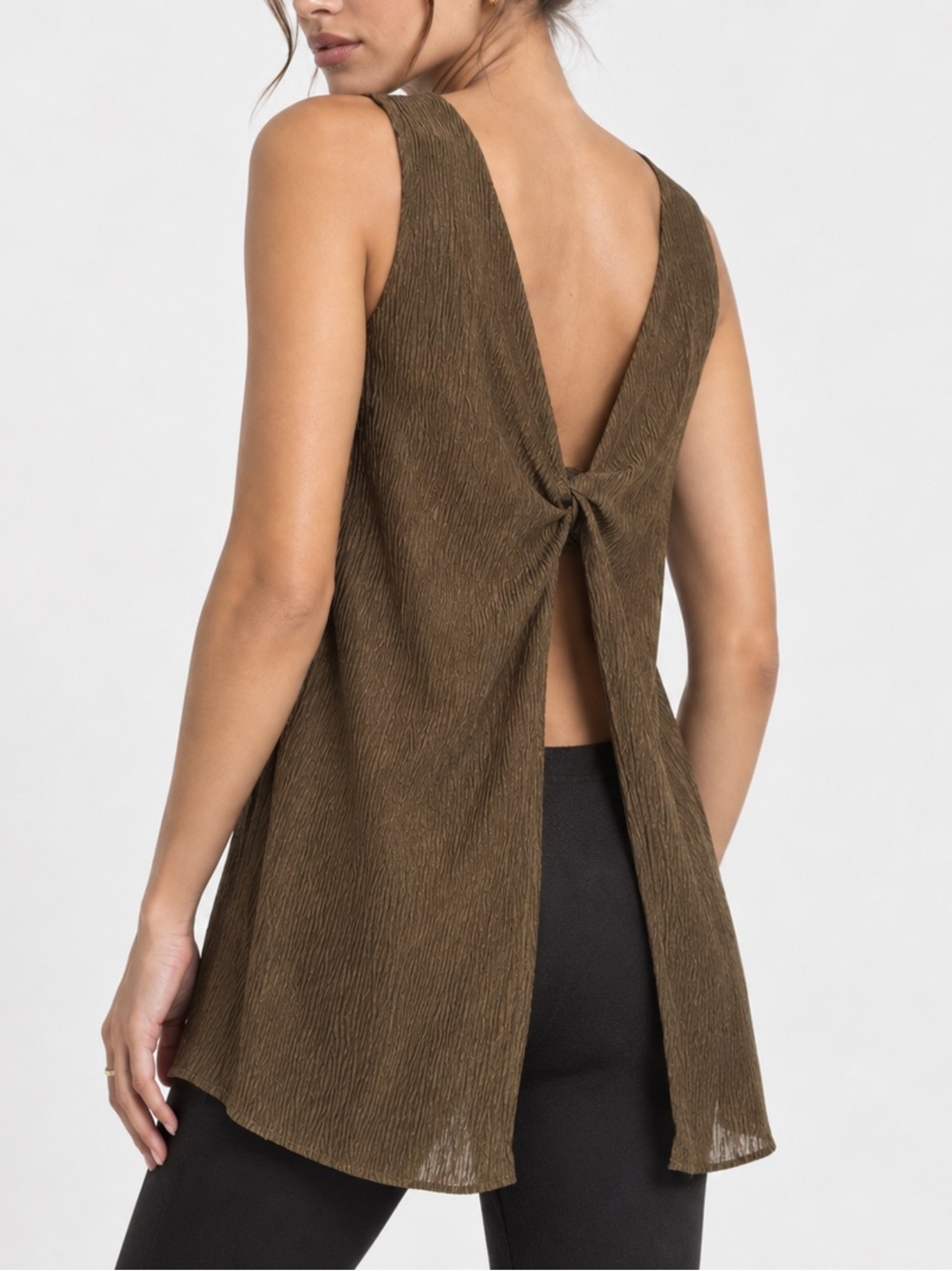 Topshop Crinkle Twist Open Back Tunic Tank Top Olive Green US 4